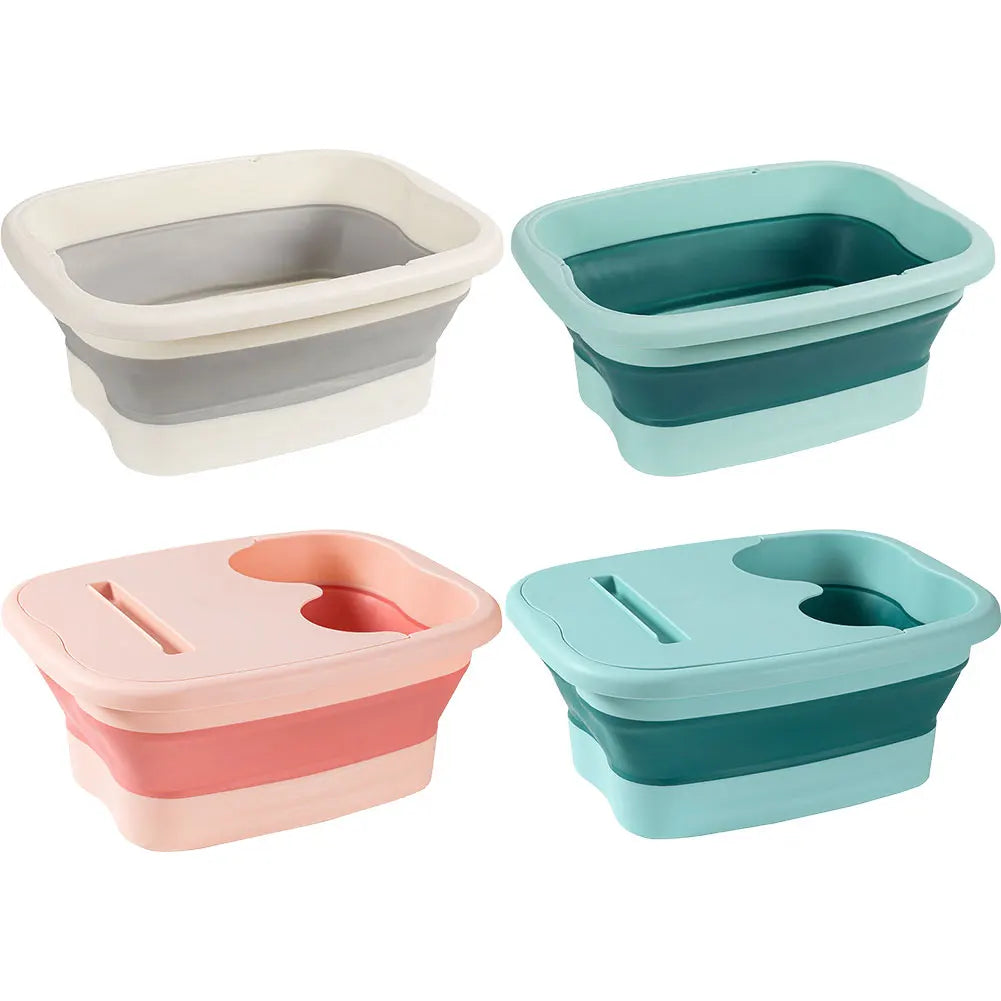 Bain de pied pliable en plastique durable, disponible en plusieurs couleurs, vue générale sur un fond neutre.
