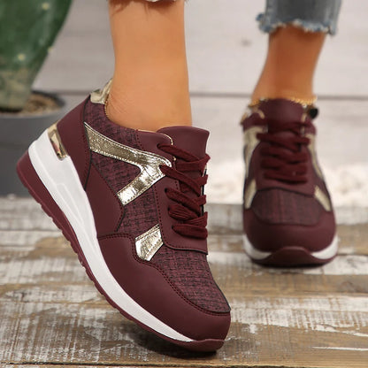 Basket orthopédique femme - Sneakers confortables à semelle épaisse non, vue de près avec détails dorés, couleur bordeaux et semelle blanche.