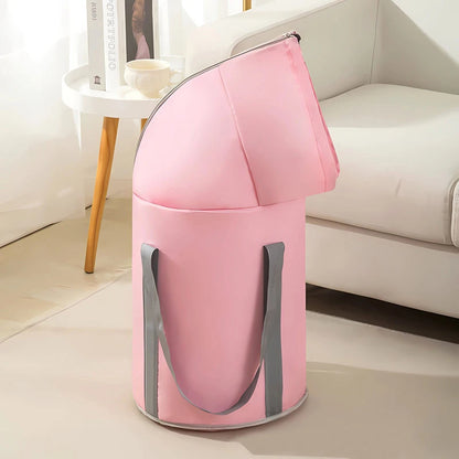 Bain de pied - Bassin portable avec fonction d'isolation pliable de couleur rose, vue générale avec poignées grises sur un fond clair.