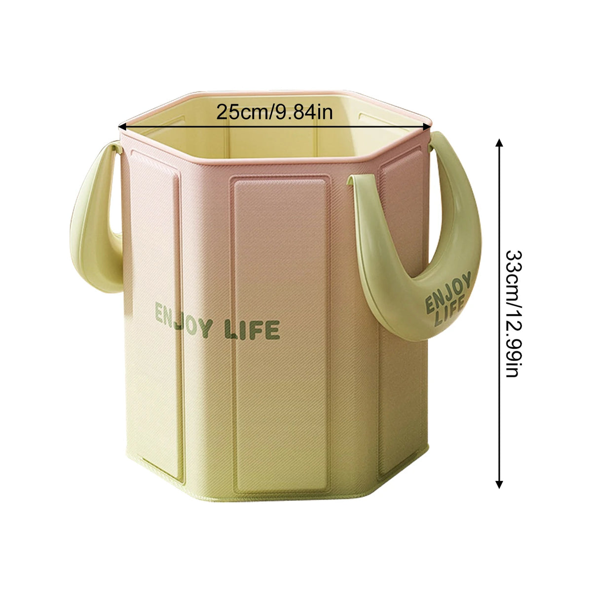 Bain de pied - Bassin pliable portable pour pédicure à domicile, couleur dégradée vert et rose, avec anses ergonomiques et dimensions visibles.