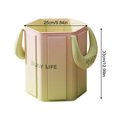 Bain de pied - Bassin pliable portable pour pédicure à domicile, couleur dégradée vert et rose, avec anses ergonomiques et dimensions visibles.