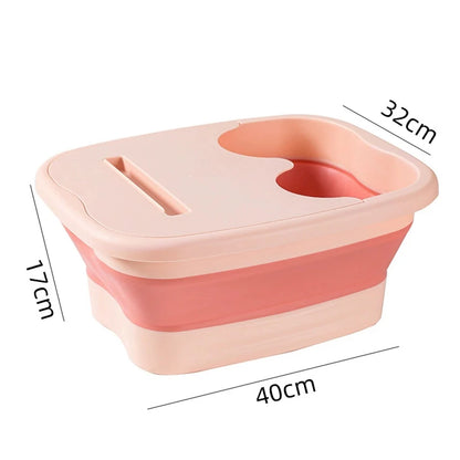 Bain de pied - Bassin pliable ergonomique en plastique durable, vue en perspective avec dimensions indiquées, couleur douce et design moderne.