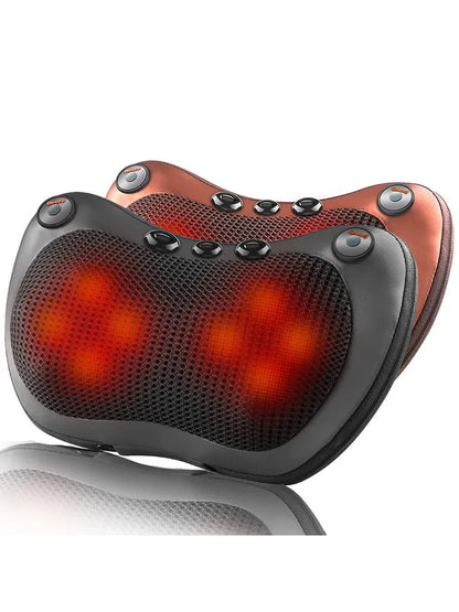 Oreiller de massage pour le dos – vue de côté avec éclairage rouge des zones de massage, design ergonomique en mesh noir et boutons de contrôle