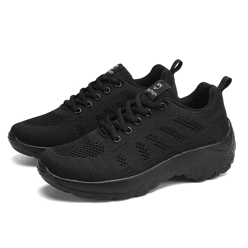 Basket orthopédique femme - Chaussures de sport respirantes en mesh noir avec semelle amortissante et lacets