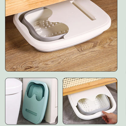 Bain de pied - Bassin pliable ergonomique pour usage à domicile et en – bassin plié en plastique blanc et vert, rangé sous un meuble.