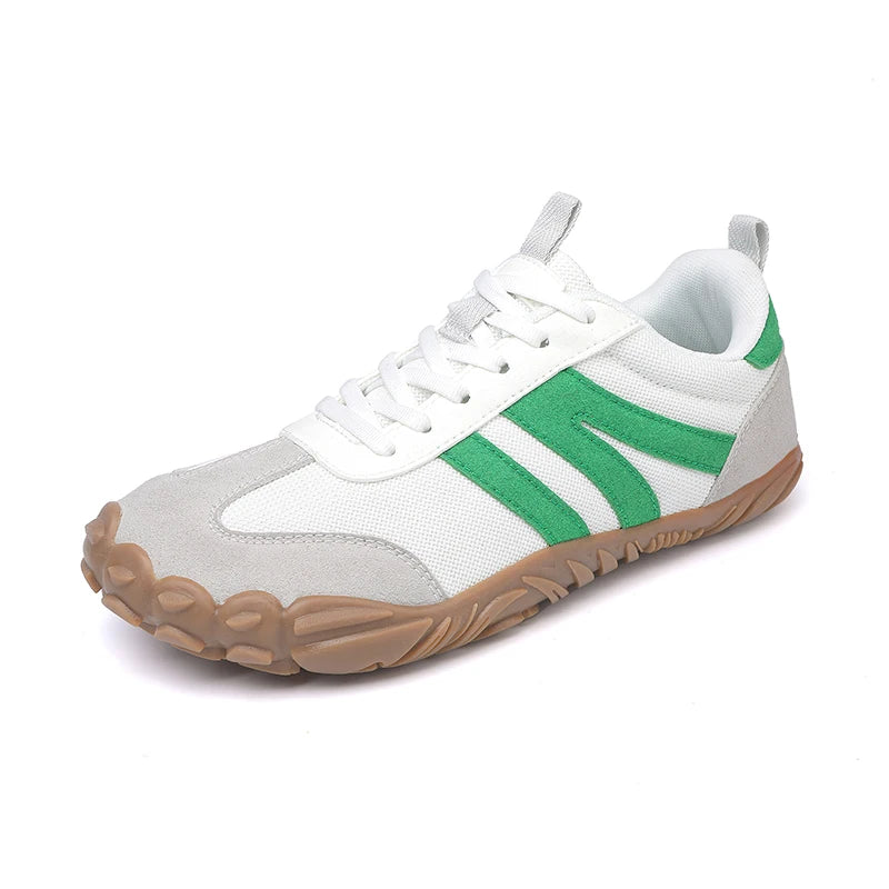 Basket orthopédique femme - Chaussures légères en mesh blanc avec rayures vertes et semelle antidérapante en caoutchouc