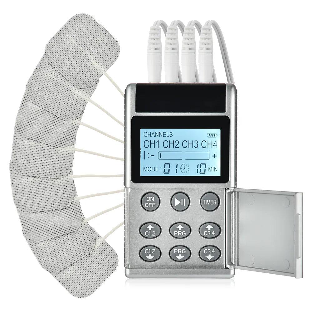 Appareil de Massage à Impulsions Électriques ElectroTherapy Massager – vue détaillée avec écran et électrodes en position prête à l'utilisation