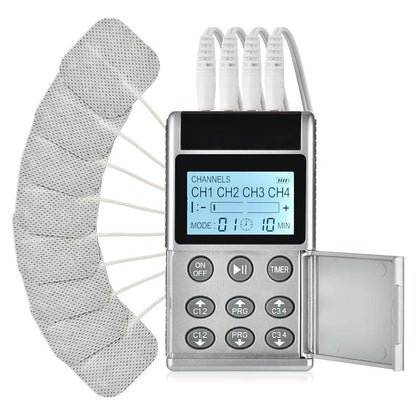 Appareil de Massage à Impulsions Électriques ElectroTherapy Massager – vue détaillée avec écran et électrodes en position prête à l'utilisation
