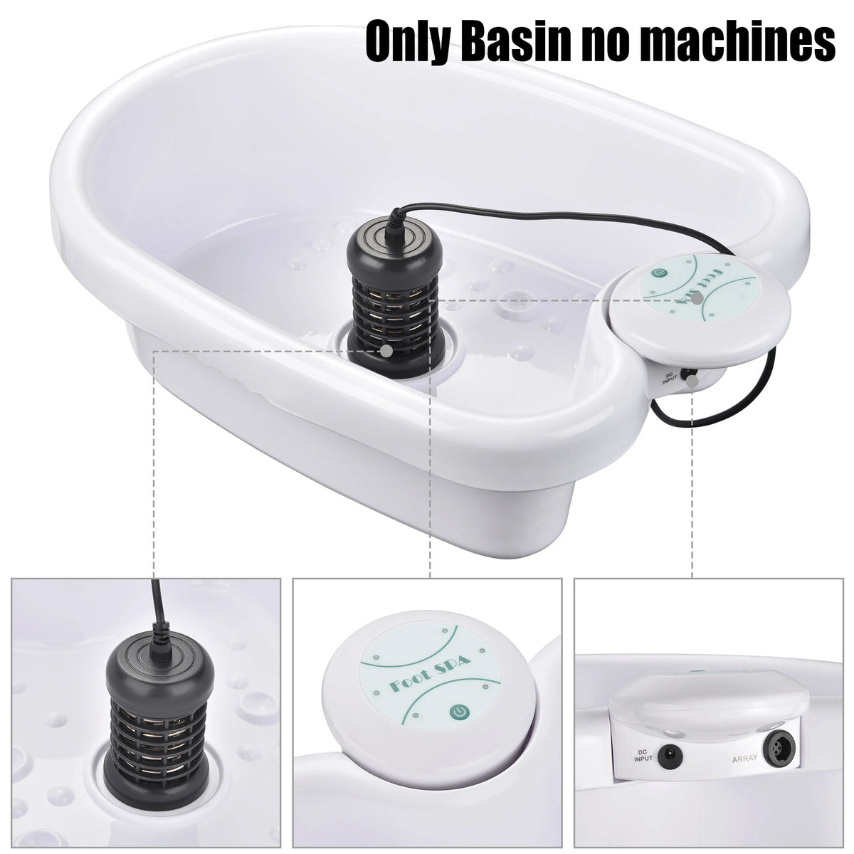 Bain de pied - Spa relaxant avec vibrations et ionisation – vue rapprochée du panneau de contrôle avec boutons et câble d'alimentation