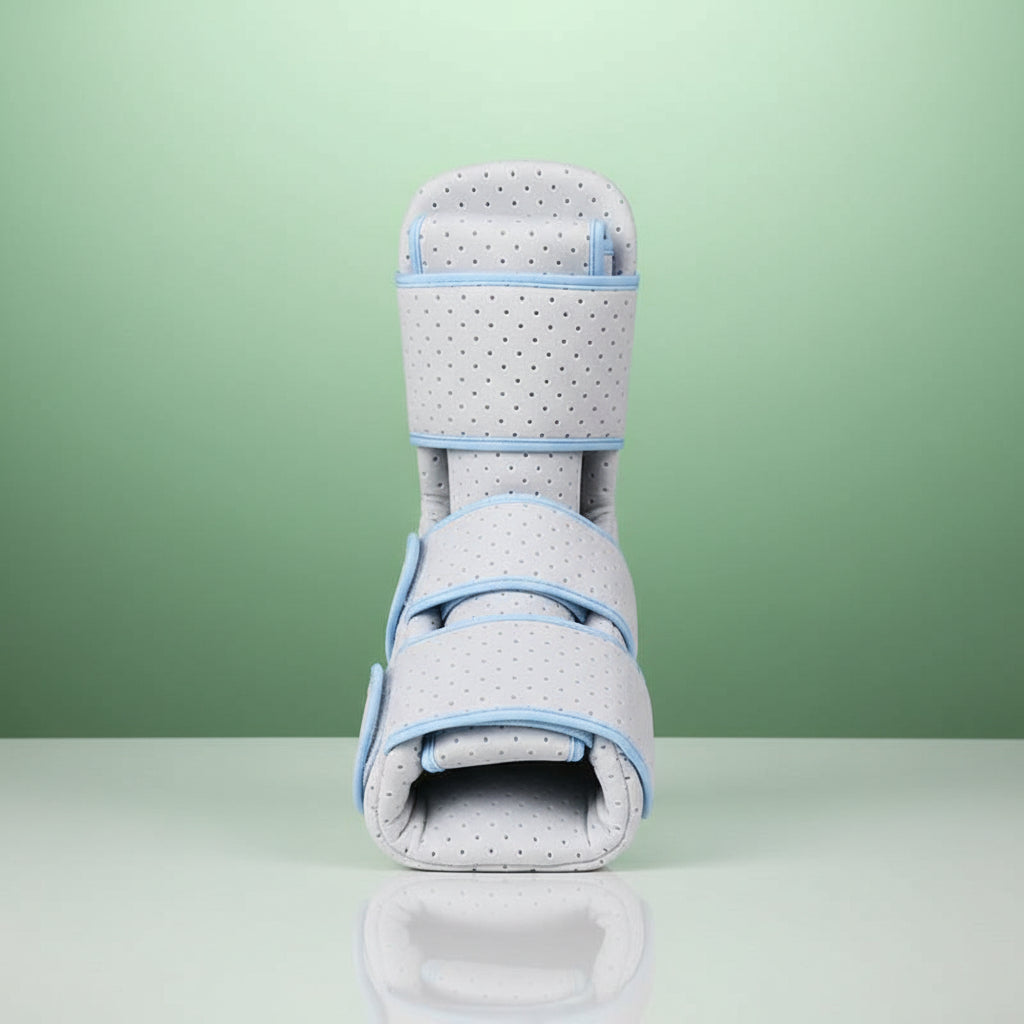 Attelle Botte de marche entorse Cast Boot – vue frontale montrant le design ergonomique, couleur grise avec accents bleus et matière perforée.
