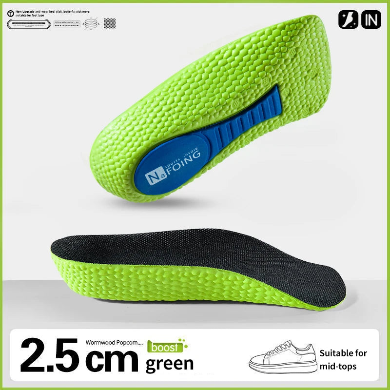 Collection Mode - Semelles orthopédiques en mousse à mémoire, vue de dessous avec texture verte et support bleu, design ergonomique.