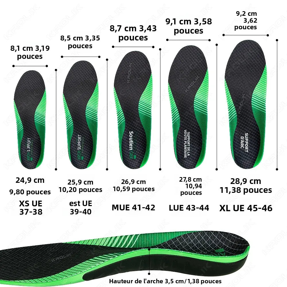 Collection Mode - Semelles orthopédiques confortables avec absorption des chocs, vue détaillée des dimensions et textures en noir et vert.