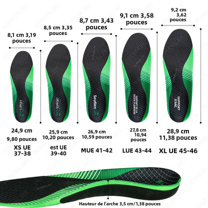 Collection Mode - Semelles orthopédiques confortables avec absorption des chocs, vue détaillée des dimensions et textures en noir et vert.
