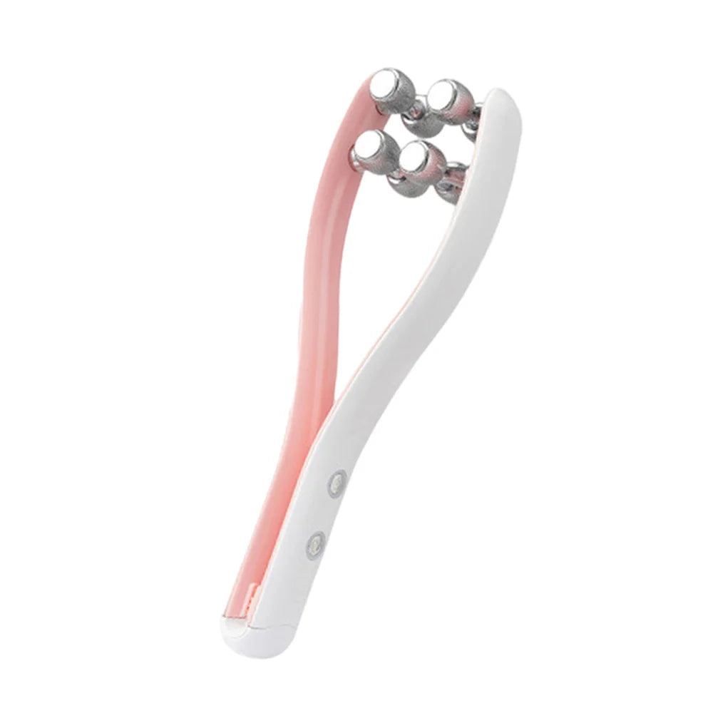 Appareil massage visage ergonomique de style rouleau – design élégant avec rouleaux en acier inoxydable et poignée en plastique rose.