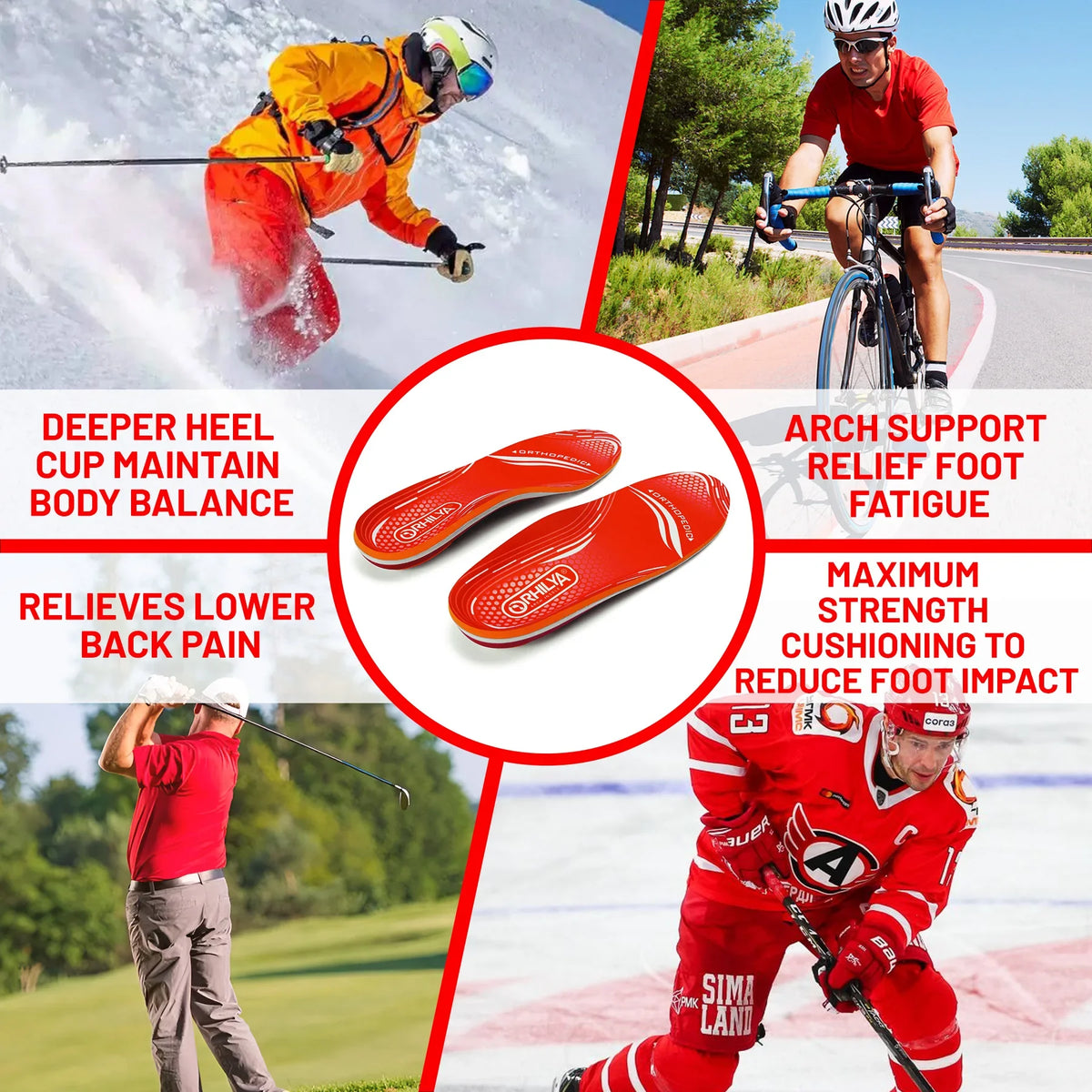 Collection Mode - Semelles orthopédiques pour soutien plantaire – Semelles rouges avec design ergonomique, adaptées à différents types de chaussures.