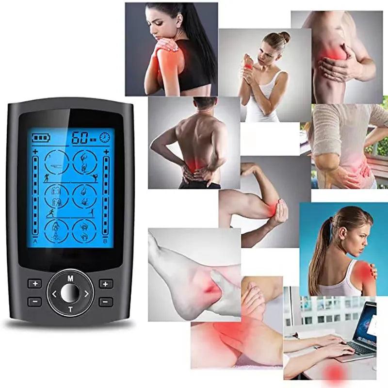 Appareil de Massage à Impulsions Électriques ImpulsioMasseur – écran numérique bleu avec illustrations de zones de massage sur le corps humain