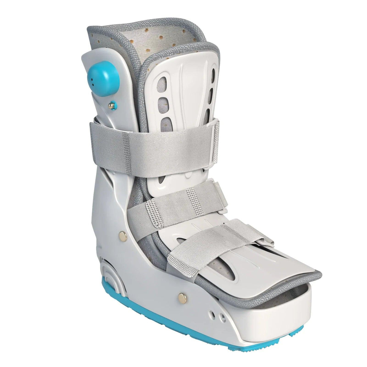 Attelle Bottes de marche AirCast – vue de trois quarts montrant les sangles de maintien grises et la semelle bleue, design moderne et ergonomique