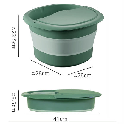 Bain de pied pliable et portable de couleur verte, vue de dessus, montrant ses dimensions et son couvercle ajusté.