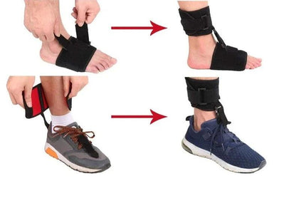 Attelle anti équin – vue de l'attelle sur une cheville, montrant son design ajustable et sa fixation sécurisée.