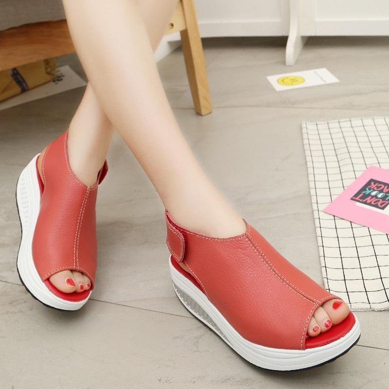 Sandales d'Été en Cuir Compensées pour Femme - Spyroo Confort Orthopédique