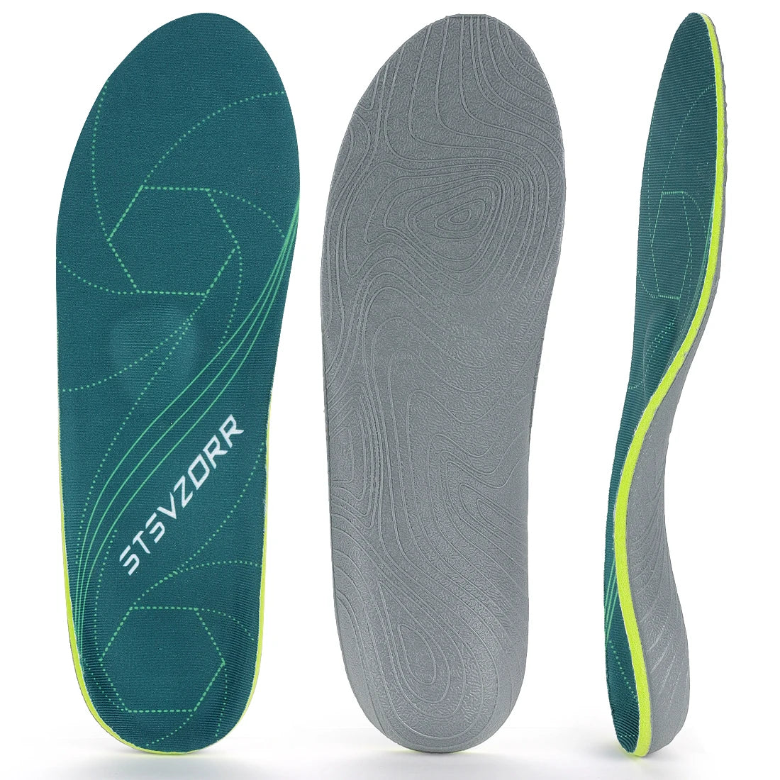 Collection Mode - Semelles orthopédiques confort pour pieds plats - vue des semelles en gel avec motifs en relief et couleur verte
