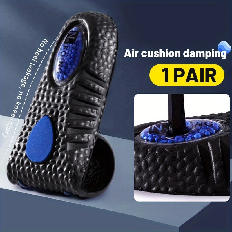 Semelles orthopédiques absorbant les chocs et respirantes – Détail de la semelle avec coussin d'air, couleur noire et bleue, vue en angle