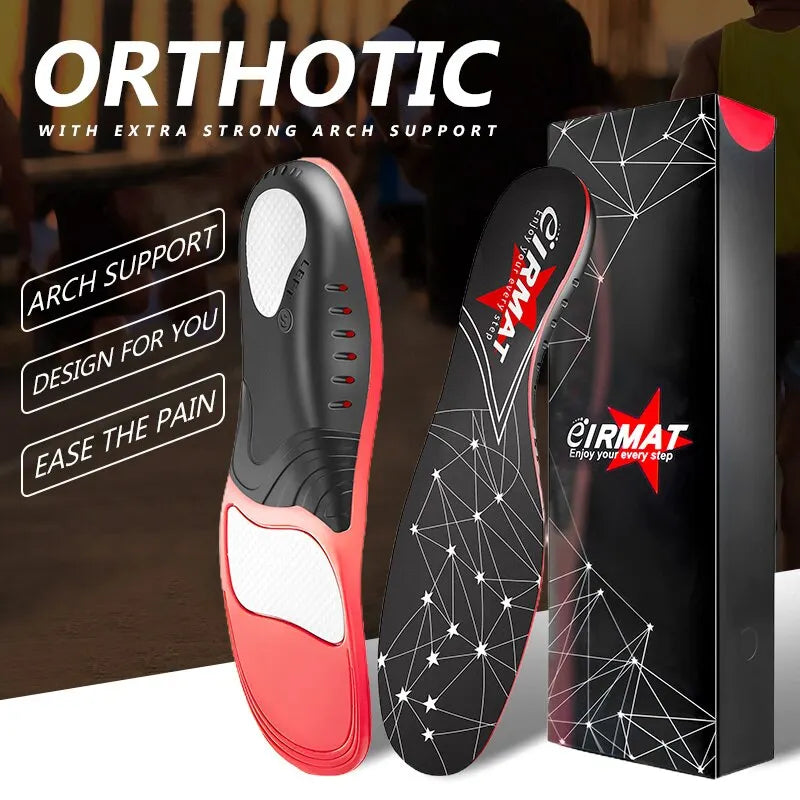 Collection Mode - Semelles orthopédiques en gel noires et rouges avec soutien de la voûte, montrant une texture respirante et un design ergonomique.