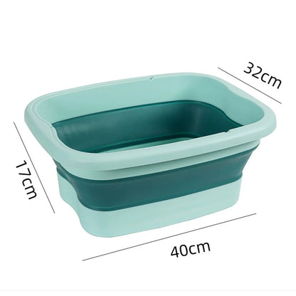 Bain de pied - Bassin pliable ergonomique pour usage à domicile et en – bassin rectangulaire en plastique bleu-vert avec dimensions marquées.