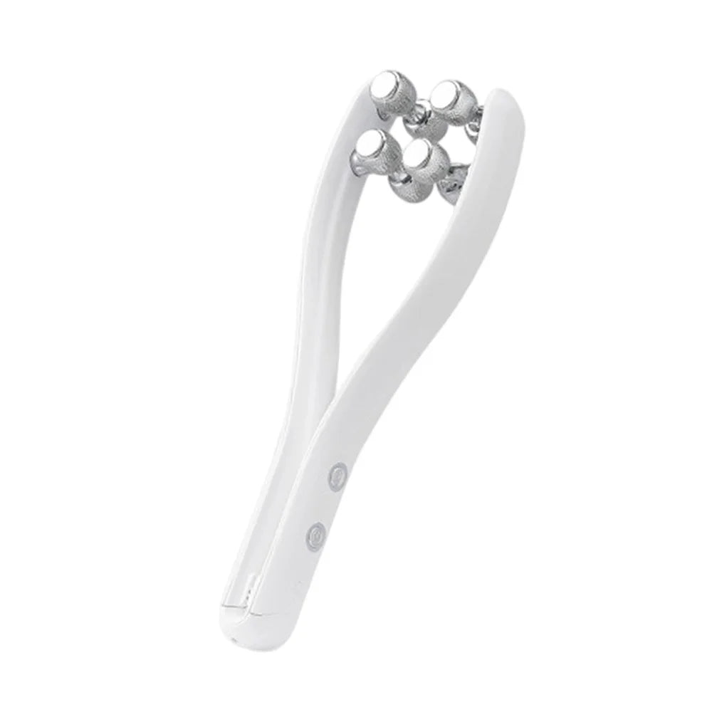 Appareil massage visage ergonomique de style rouleau – rouleaux en acier inoxydable sur une poignée blanche, conçu pour un massage apaisant.