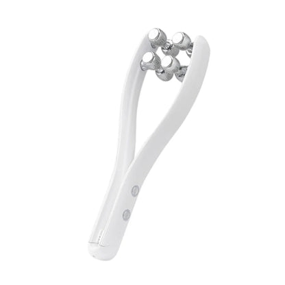 Appareil massage visage ergonomique de style rouleau – rouleaux en acier inoxydable sur une poignée blanche, conçu pour un massage apaisant.
