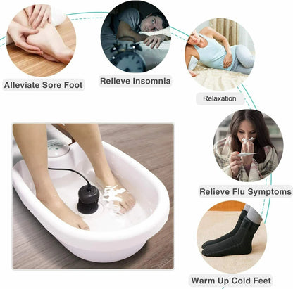 Bain de pied - Spa relaxant avec vibrations et ionisation – vue rapprochée des pieds immergés dans l'eau avec jets d'eau en action