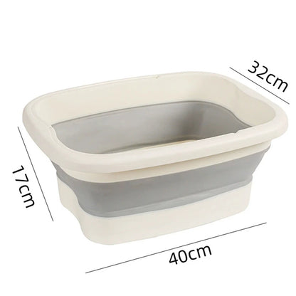 Bain de pied - Bassin pliable ergonomique en plastique durable, vue en perspective avec dimensions 40cm x 32cm x 17cm, couleur grise et blanche.