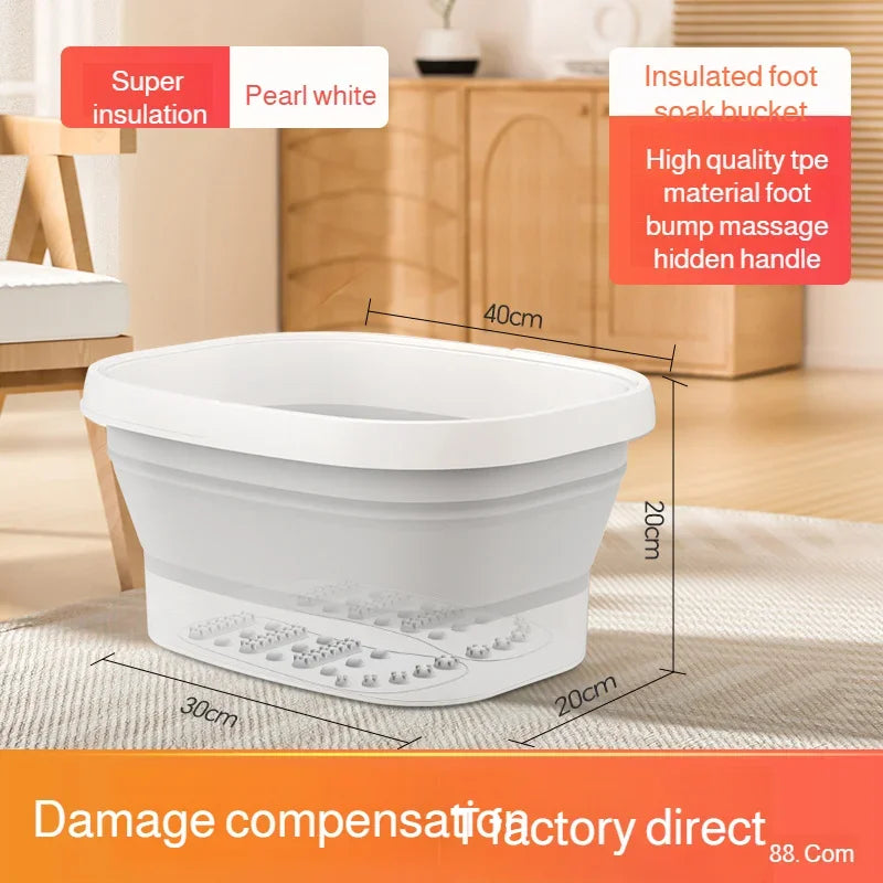 Bain de pied - Bassin pliable électrique avec massage et chauffage – vue du produit avec dimensions et détails sur la texture en plastique blanc
