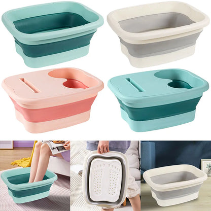 Bain de pied pliable en plastique durable, couleur turquoise et gris, avec une personne utilisant le bassin pour un massage relaxant.