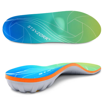 Semelles orthopédiques pour soulager la fasciite – vue de dessous avec dégradé bleu et vert, design ergonomique et texture lisse