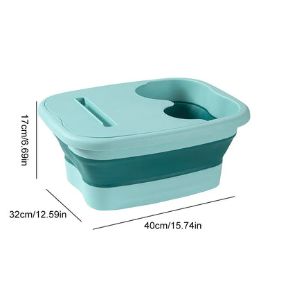Bain de pied pliable en plastique durable, couleur turquoise et gris, vue de côté avec dimensions indiquées sur un fond blanc.