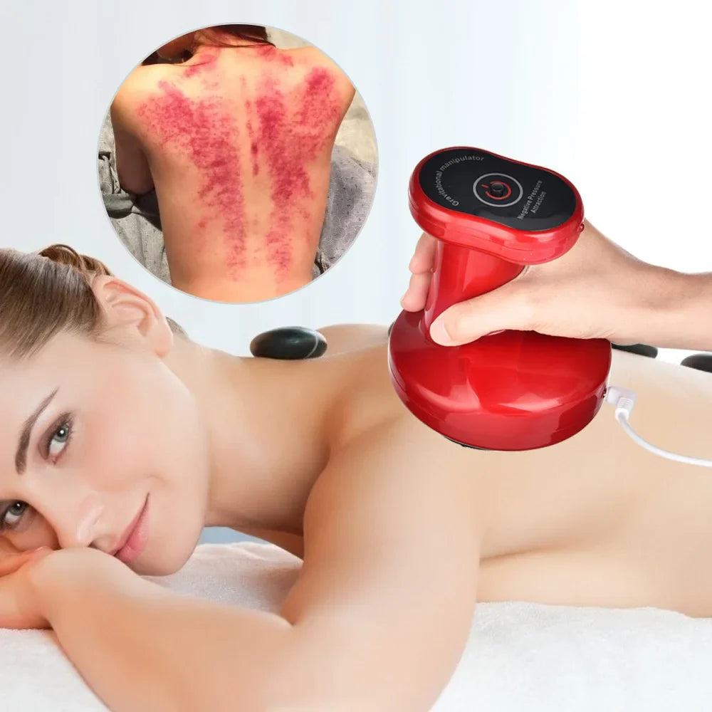 Appareil de massage à ventouse rouge – utilisation sur le dos d'une personne montrant des marques de massage et le design ergonomique