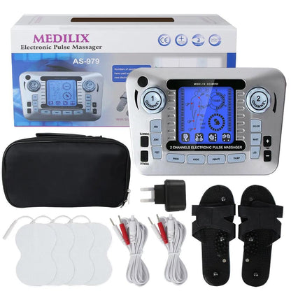 Appareil de Massage à Impulsions Électriques PulseRelax – vue de face avec écran numérique, accessoires et boîte de rangement
