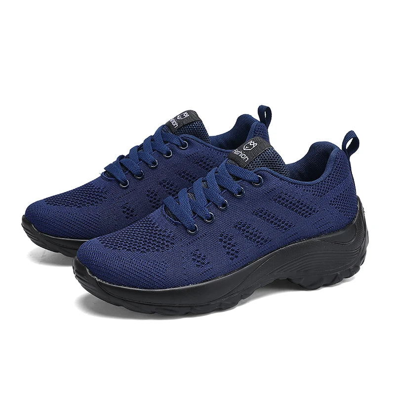 Basket orthopédique femme - Chaussures de sport respirantes en mesh bleu marine avec semelle épaisse et lacets contrastants