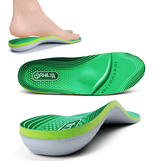 Collection Mode - Semelles orthopédiques vertes avec soutien plantaire, montrant la texture et le design ergonomique.