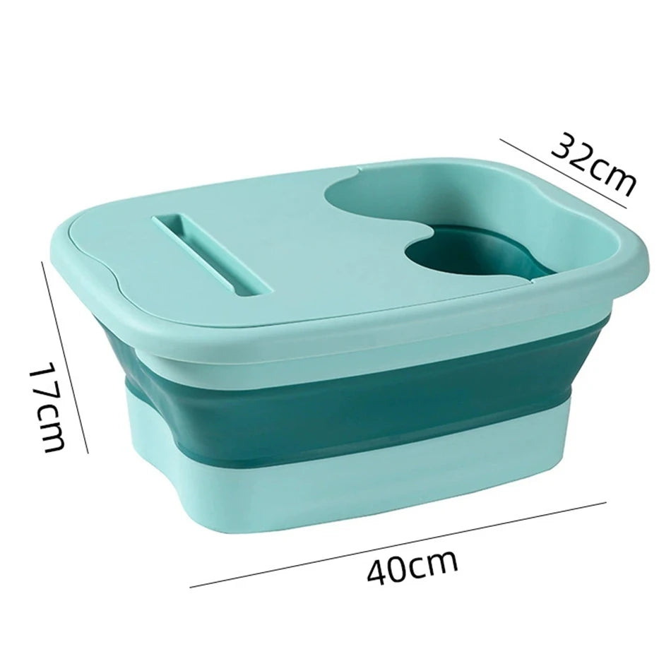 Bain de pied - Bassin pliable ergonomique en plastique durable, couleur apaisante, vue de dessus avec dimensions visibles.