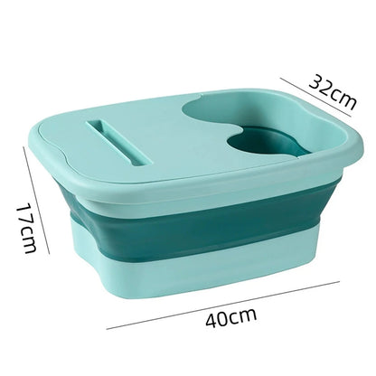 Bain de pied - Bassin pliable ergonomique en plastique durable, couleur apaisante, vue de dessus avec dimensions visibles.