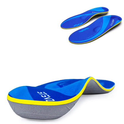 Collection Mode - Semelles orthopédiques confort en bleu et jaune, vue de dessus montrant leur courbure ergonomique et texture douce