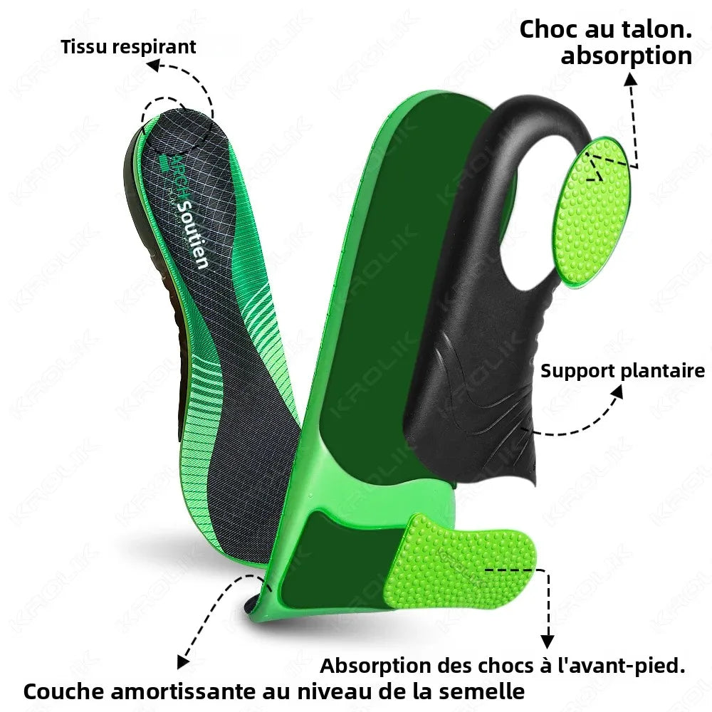 Collection Mode - Semelles orthopédiques confortables avec absorption des chocs au talon et support plantaire, design moderne en vert et noir.