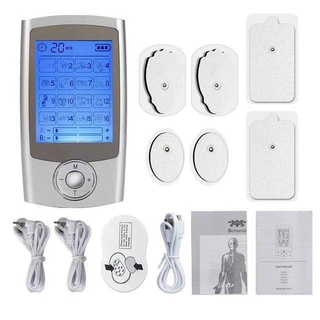 Appareil de Massage à Impulsions Électriques ElectroWave Relaxer – vue détaillée avec écran numérique et électrodes blanches prêtes à l'utilisation