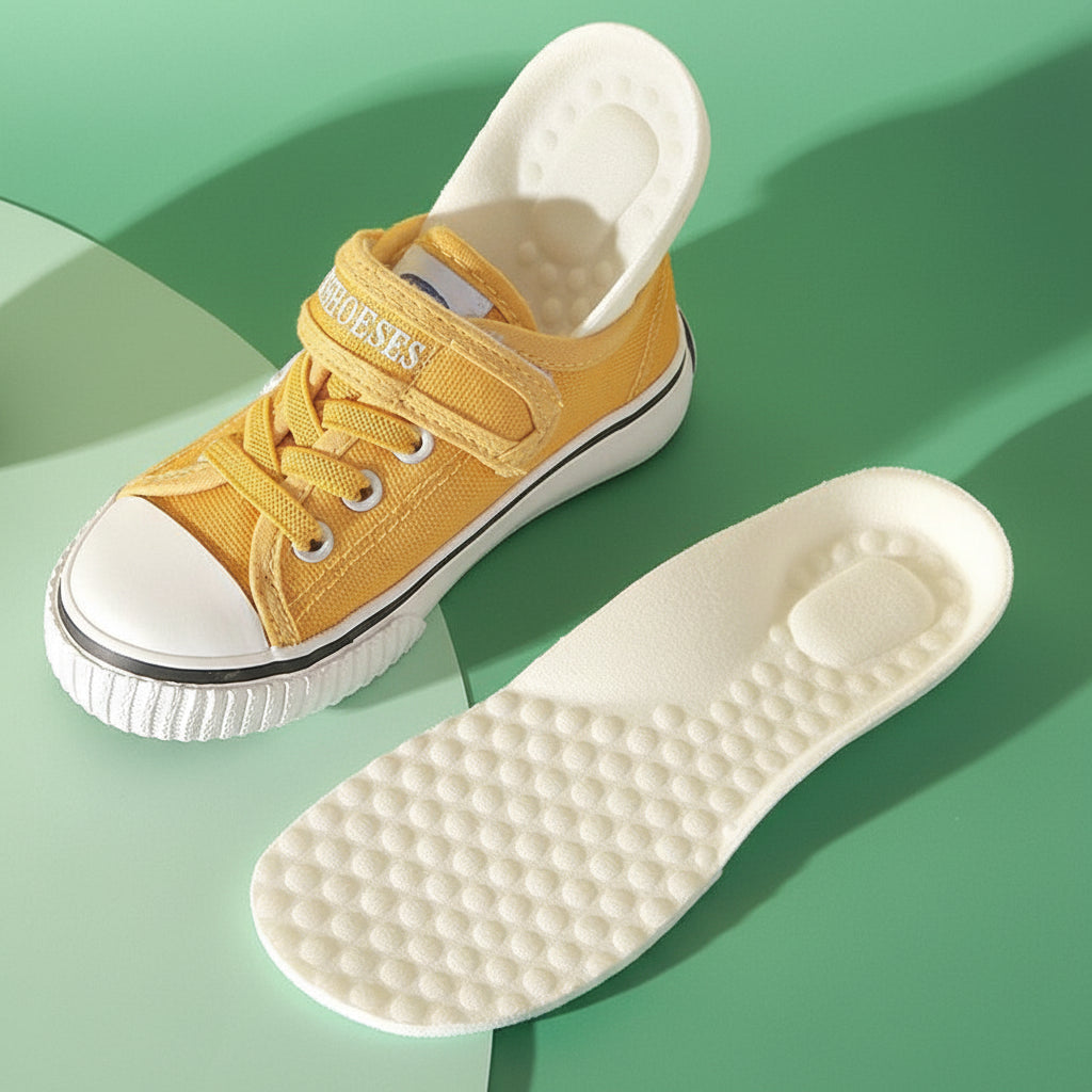 Accessoires Orthopédiques - Chloe – vue d'ensemble d'une chaussure jaune avec semelle intérieure ergonomique sur fond vert
