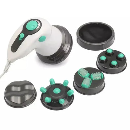 Appareil de massage anti-cellulite corporel avec accessoires interchangeables, design ergonomique en plastique blanc et vert.
