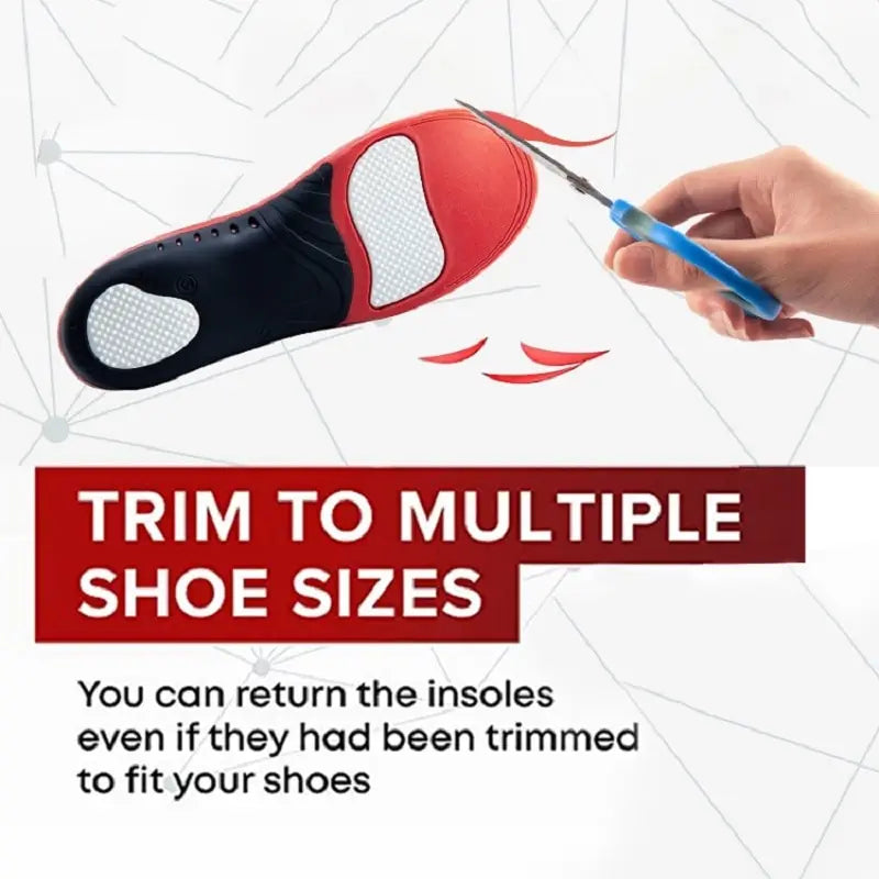 Collection Mode - Semelles orthopédiques en gel avec soutien de la voûte – semelle rouge et noire, montrant une main découpant pour ajustement.