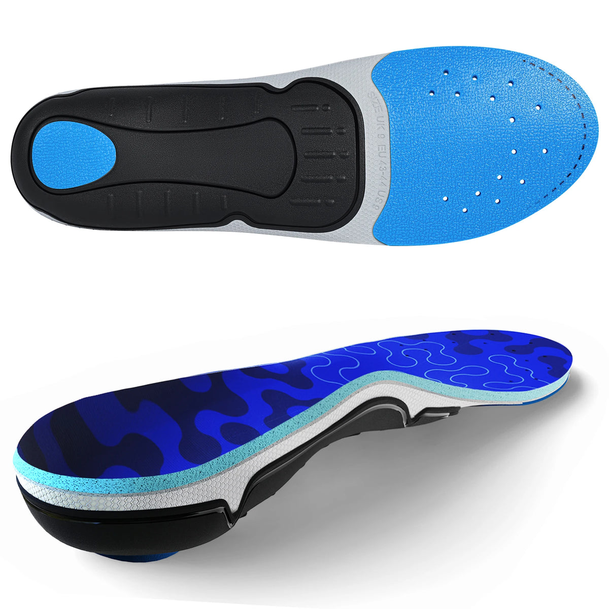 Collection Mode - Semelles orthopédiques pour soulagement de la fasciite, vue en perspective avec texture bleue et support noir, design ergonomique.