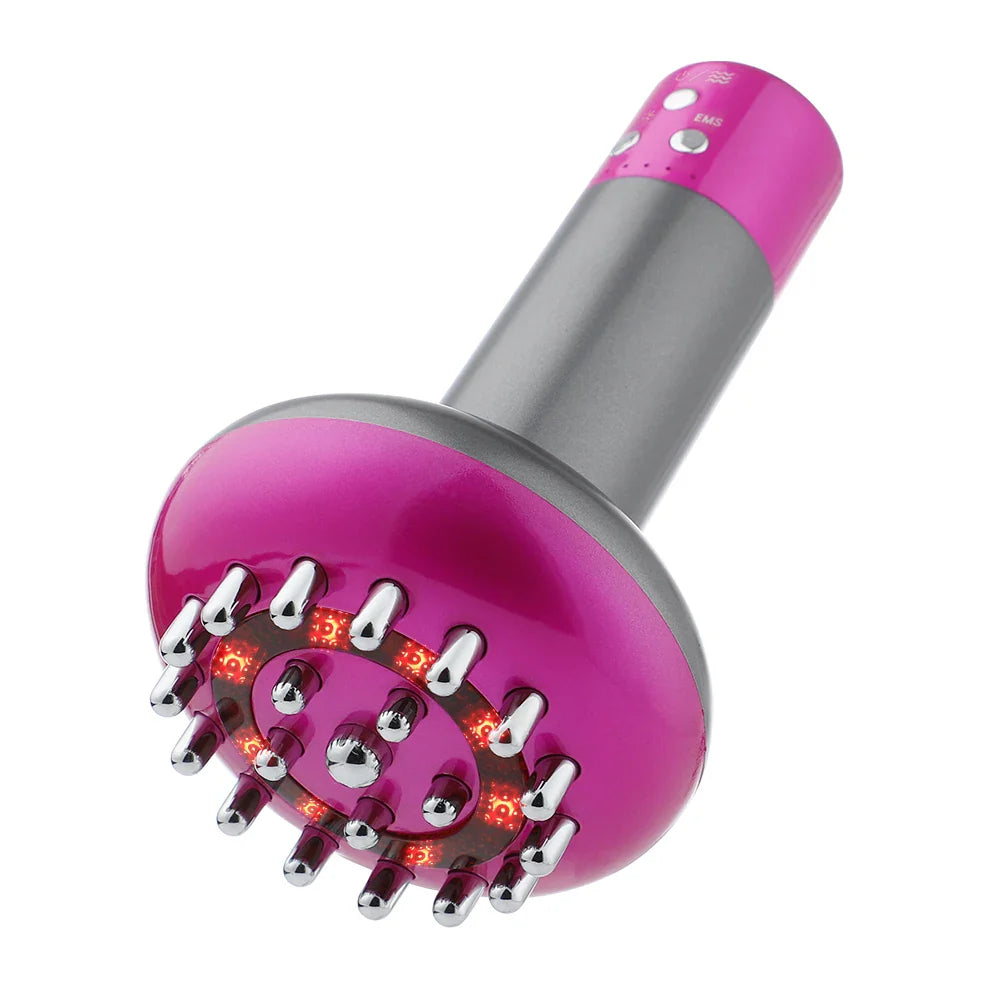 Brosse de massage anti-cellulite au design moderne - vue de près sur le détail de la tête en rose et argent, avec des picots en métal
